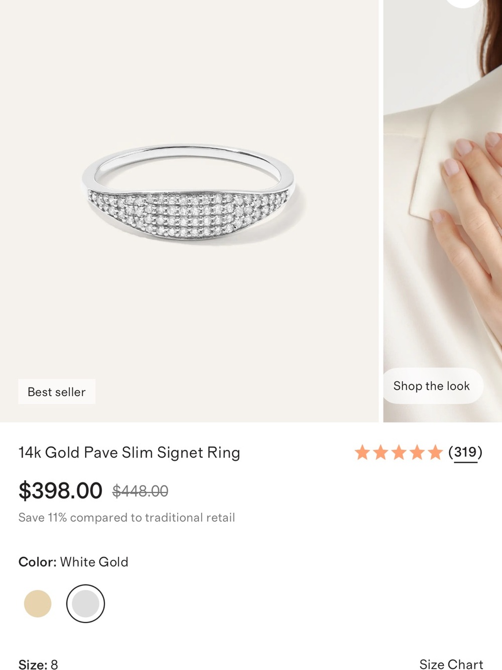 Quince 14k White Gold Pavé Slim Signet Ring